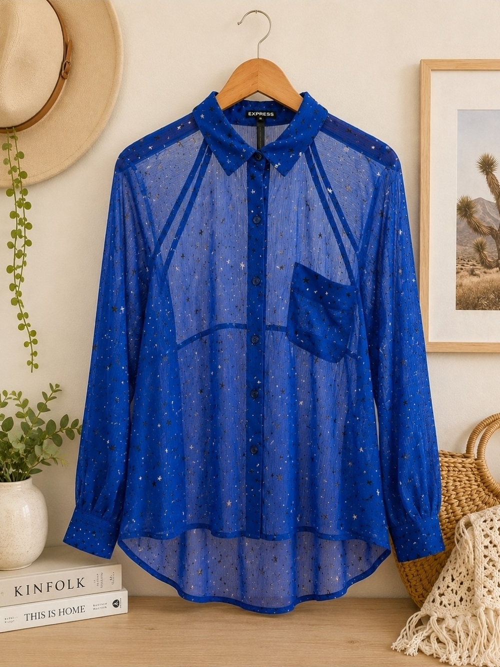 Express Blue Sheer Star Print Blouse Boho Chic Y2K Festival Top M - Picture 2 of 9